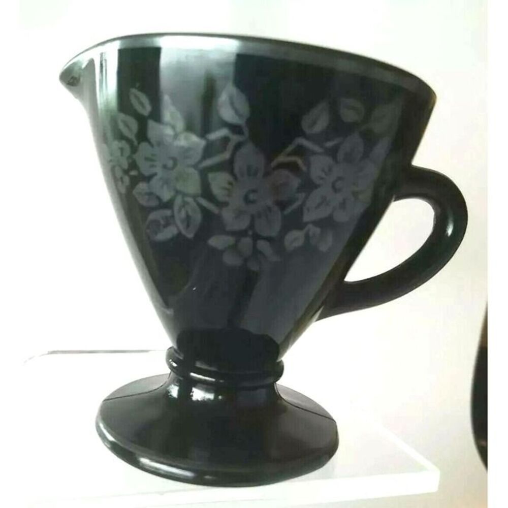 Vintage Rare Black Milk Glass Creamer Pitcher w/ silver trim 3.5" A2